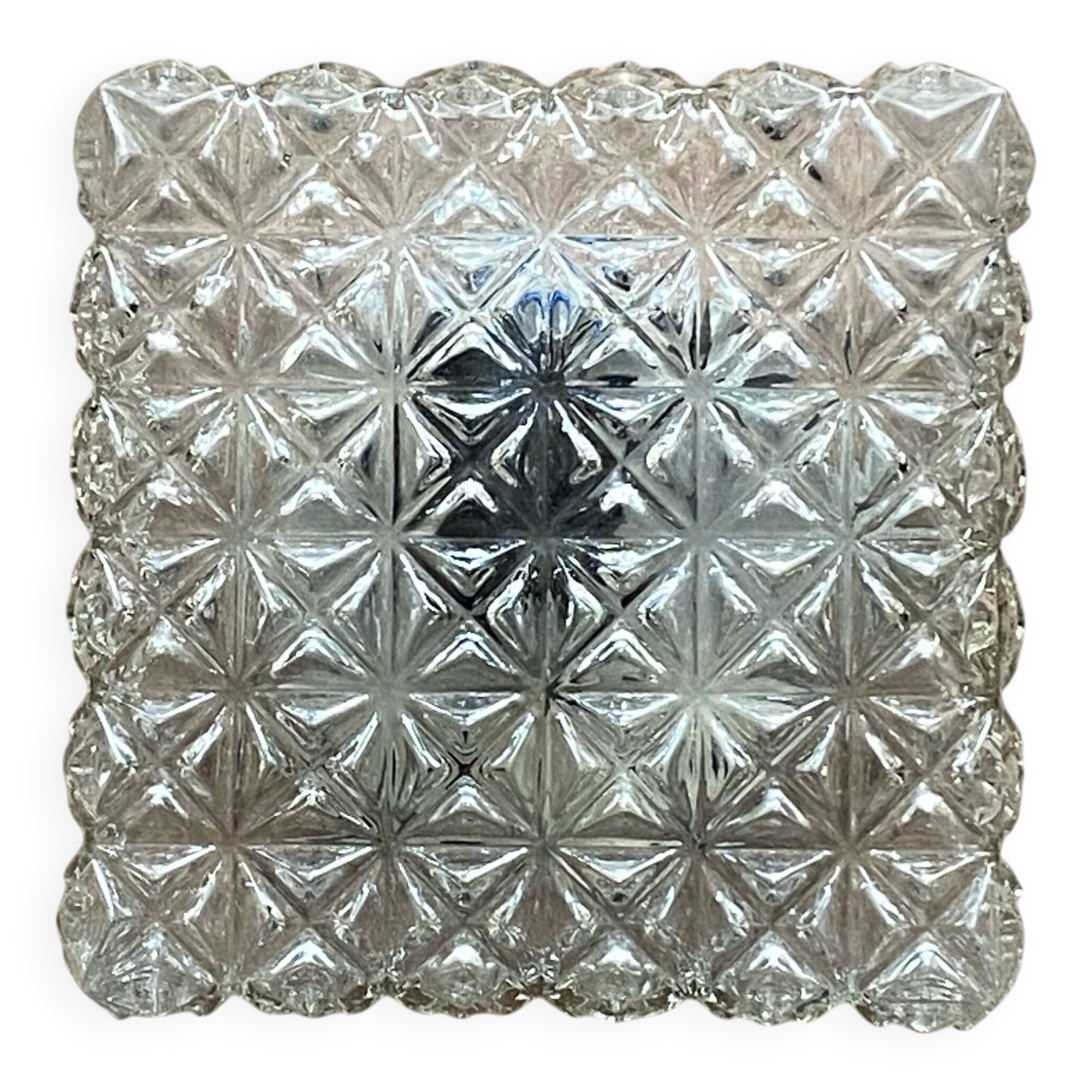Square wall light or ceiling light in transparent glass, vintage fixture.