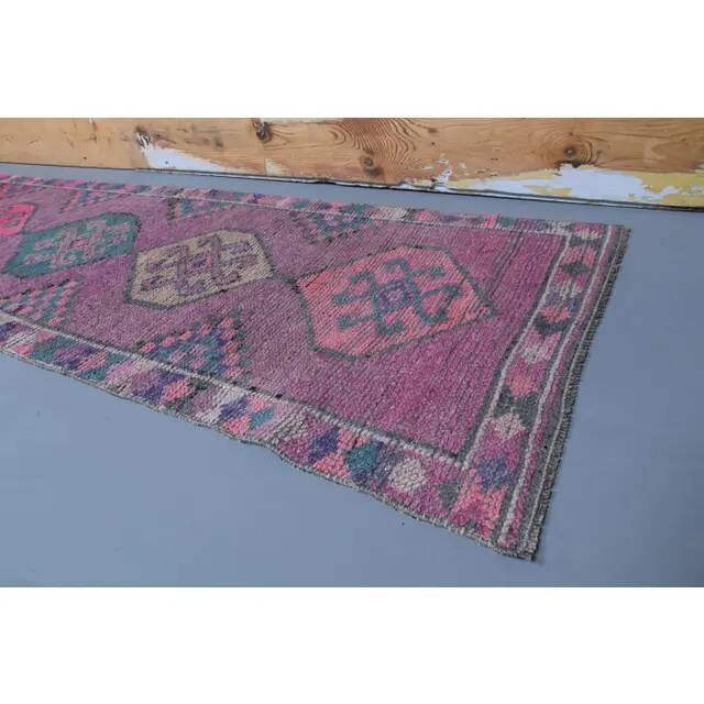 Vintage Purple Pink Natural Turkish Hand-Knotted Runner 82x355