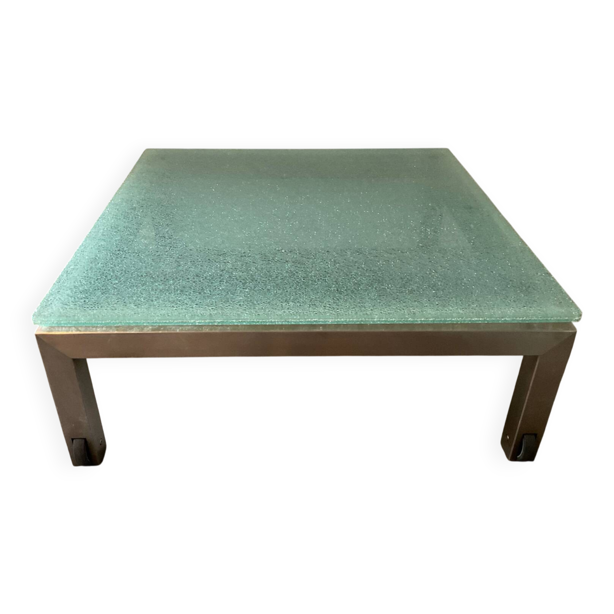 Designer garden coffee table in tempered glass and stainless steel