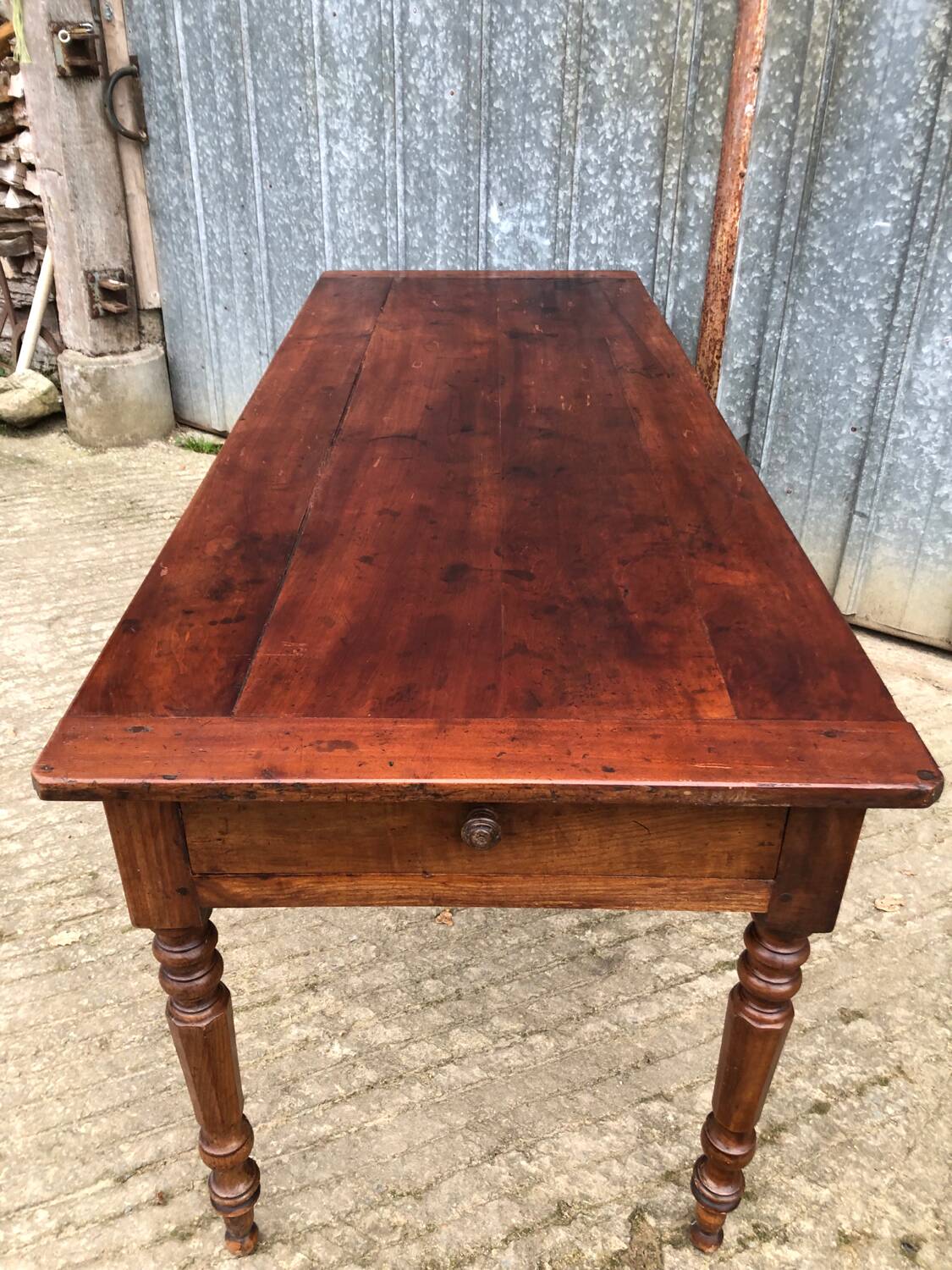 Antique farmhouse table in solid cherry wood with 4 drawers