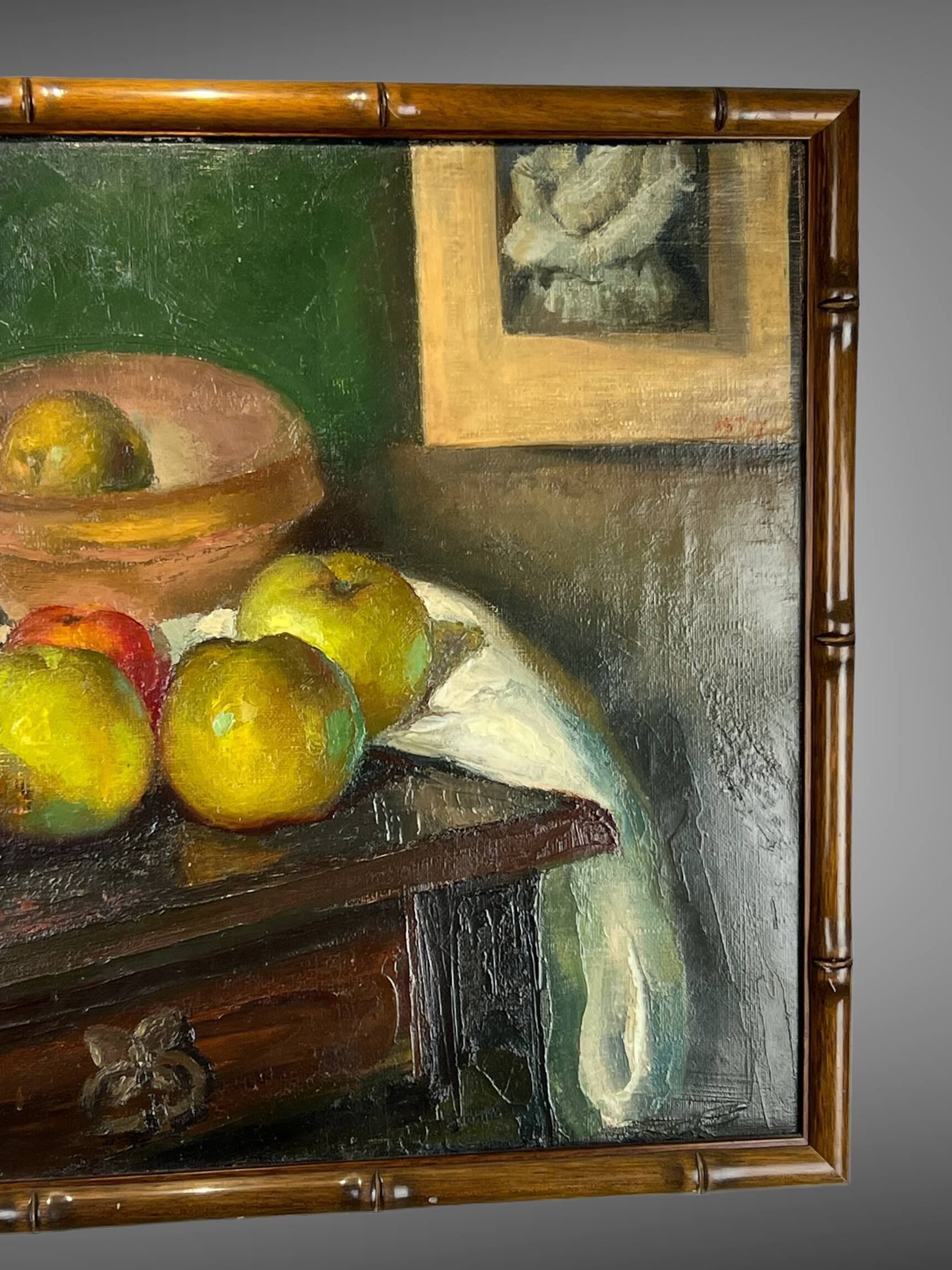 Painting, oil on canvas, still life with apples with bamboo frame
