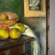 Painting, oil on canvas, still life with apples with bamboo frame