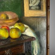 Painting, oil on canvas, still life with apples with bamboo frame