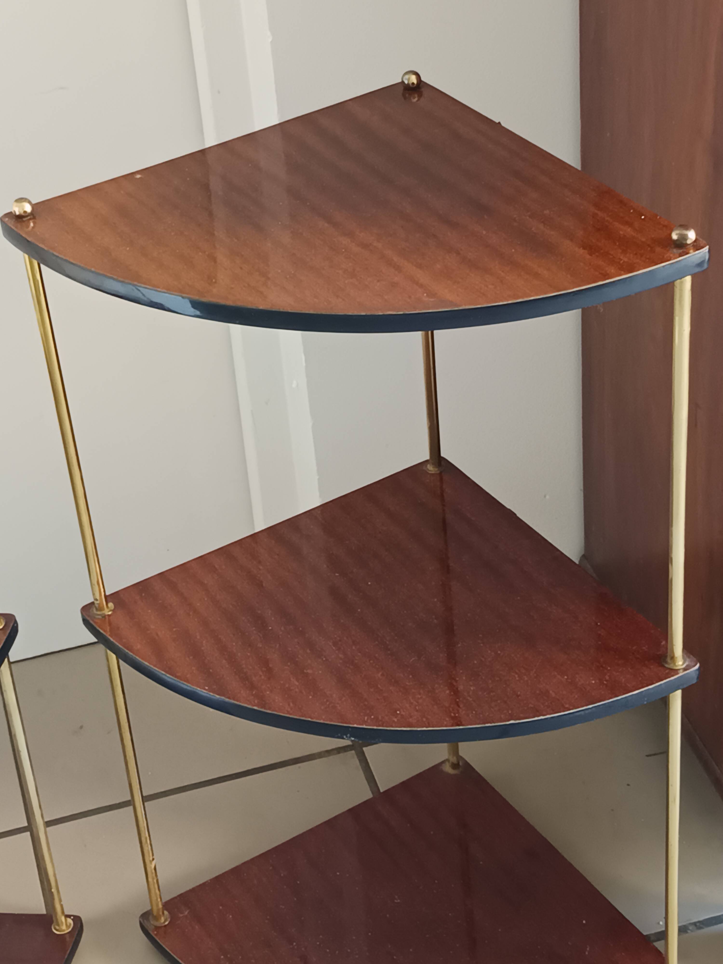 Pair of vintage corner shelves in wood and gold metal, 1960s