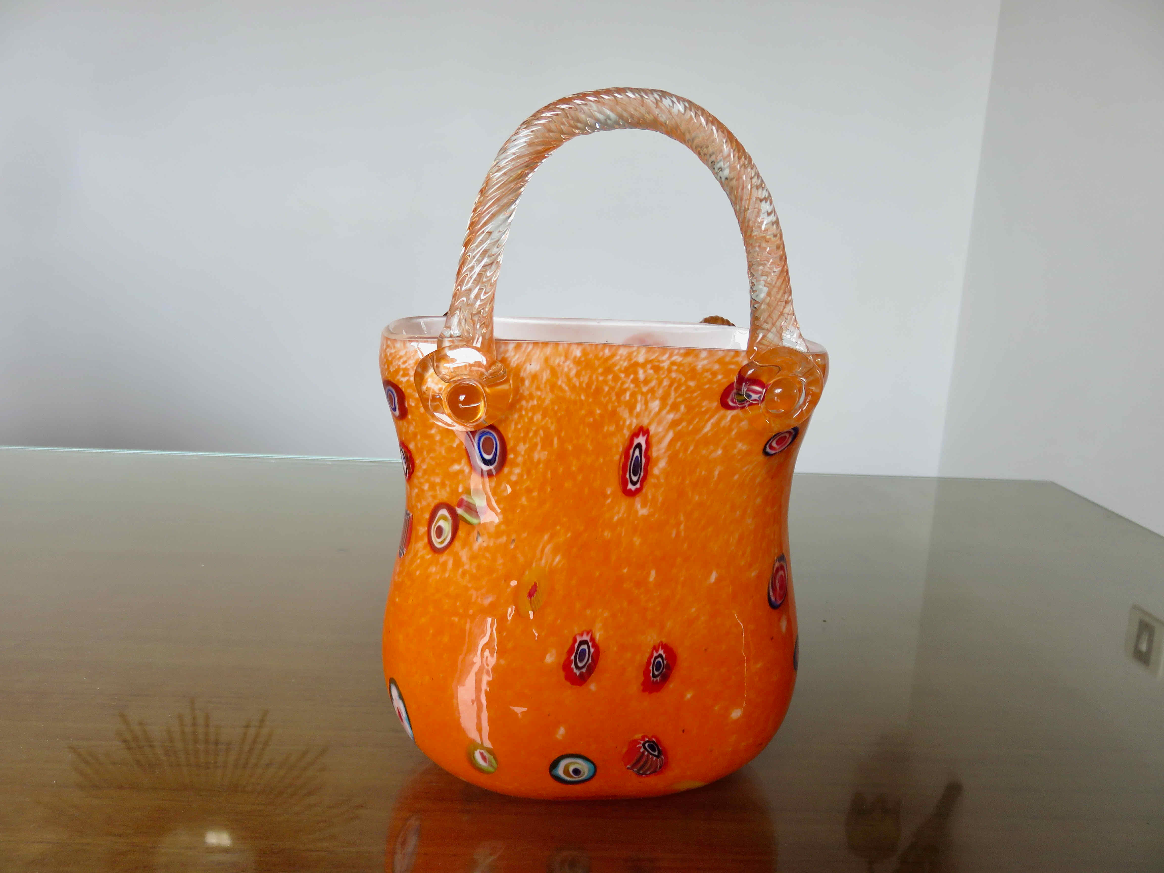 Vase "handbag" in orange Murano glass 60s 70s