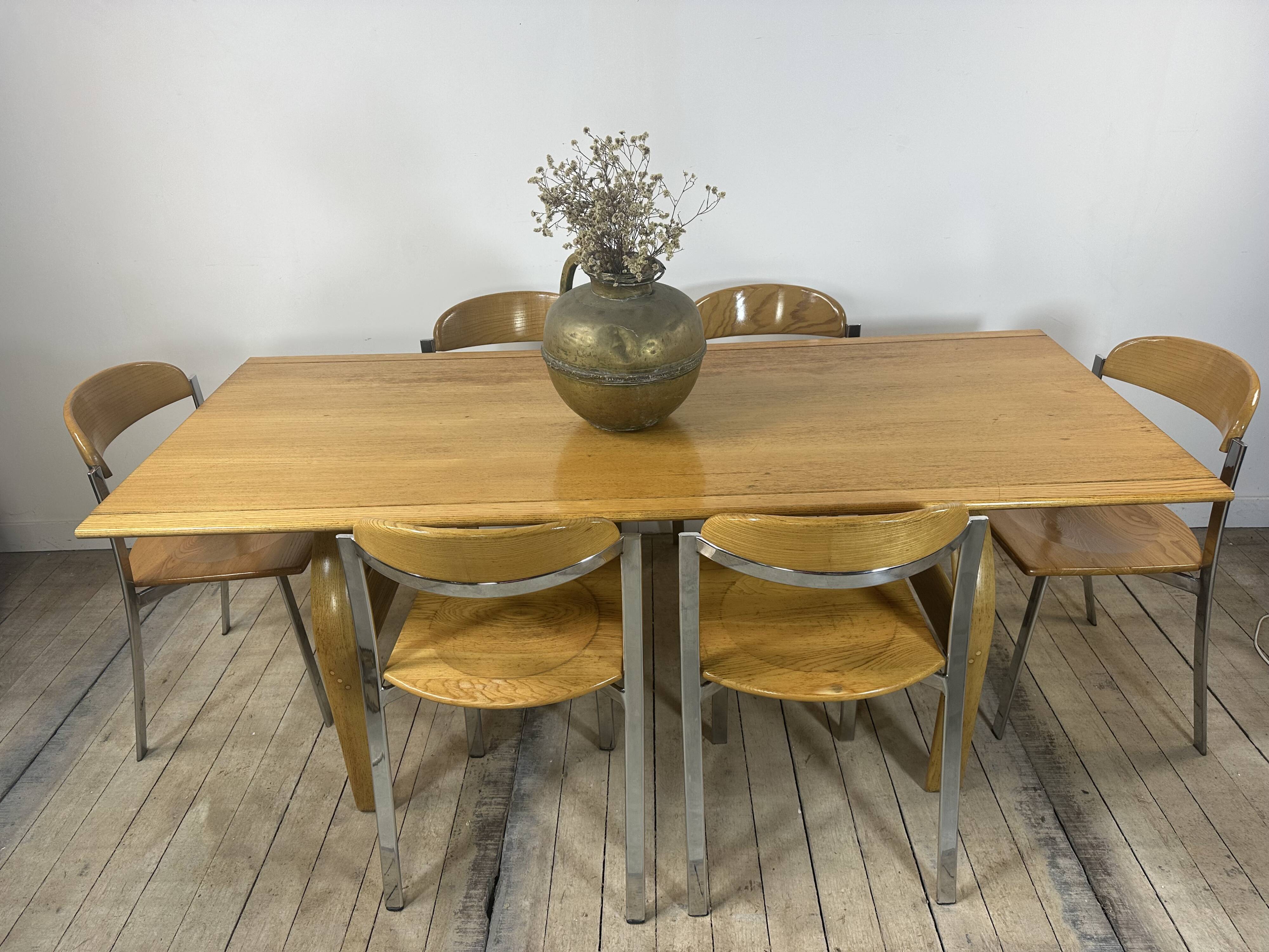 Vintage 1980s oak and chrome dining table + 6 chairs.