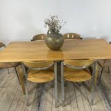 Vintage 1980s oak and chrome dining table + 6 chairs.