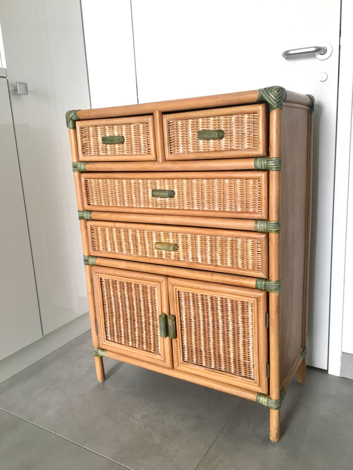 Vintage natural rattan chest of drawers 80s