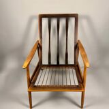 Fauteuil scandinave – revêtement vert, bois de hêtre, vintage