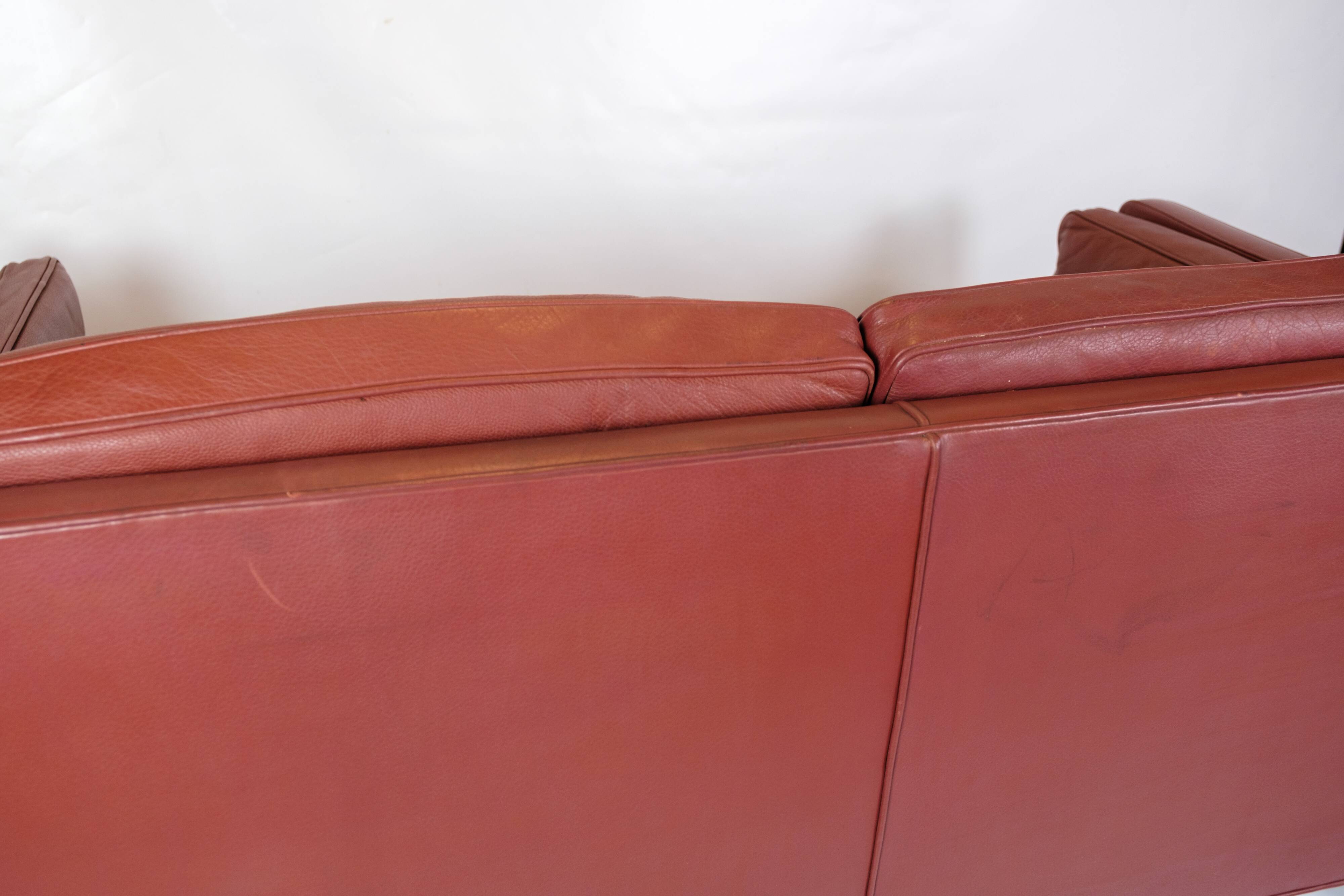 2 . Person Sofa Model 2212 Made In Red Leather & Oak Frame By Børge Mogensen From 1960s