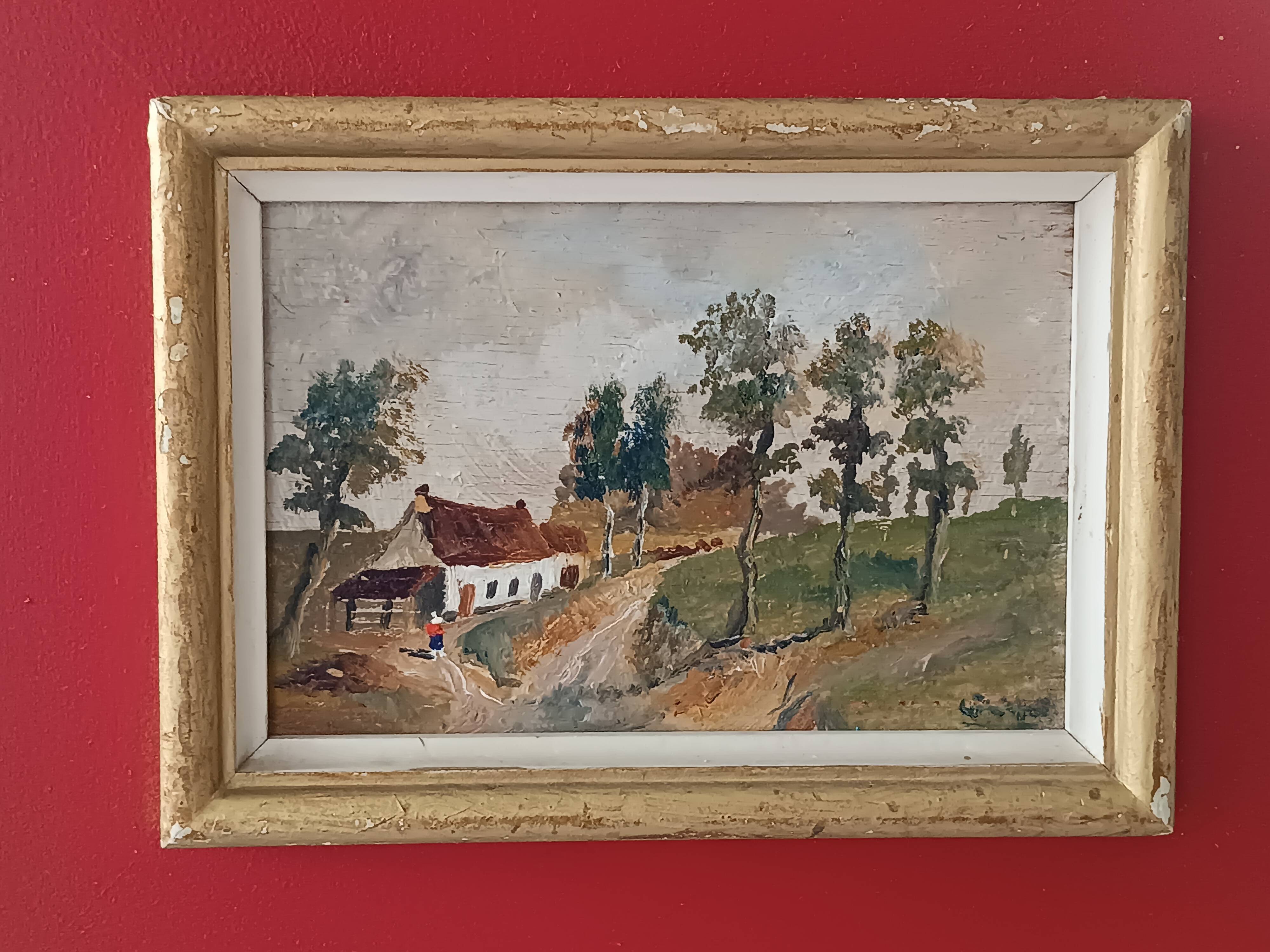Framed oil on panel of an old countryside landscape.
