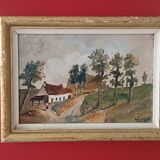 Framed oil on panel of an old countryside landscape.