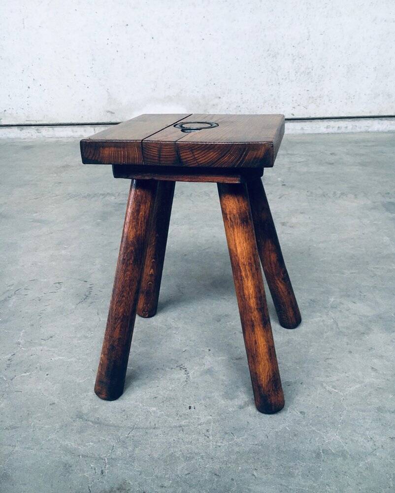 Brutalist Oak Stool, Belgium, 1950s
