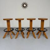 Set of 4 solid elm wood bar stools, vintage 70s design