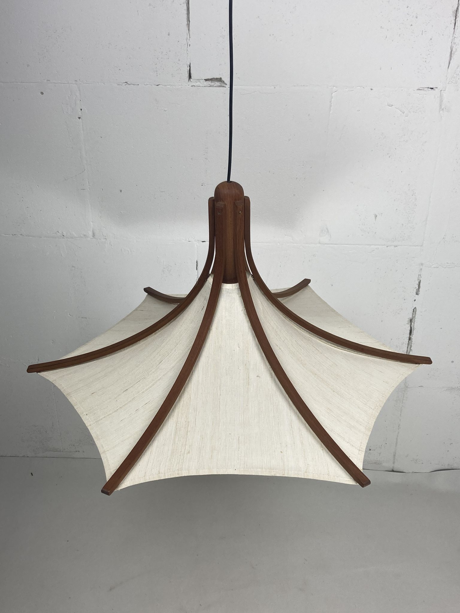 Teak and linen umbrella counter balance pendant by Domus, 1970s