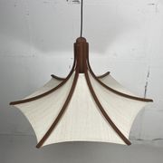 Teak and linen umbrella counter balance pendant by Domus, 1970s