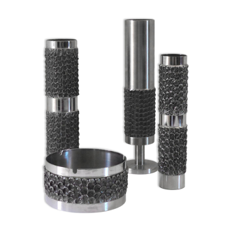 Brutalist set of vases and metal ashtray