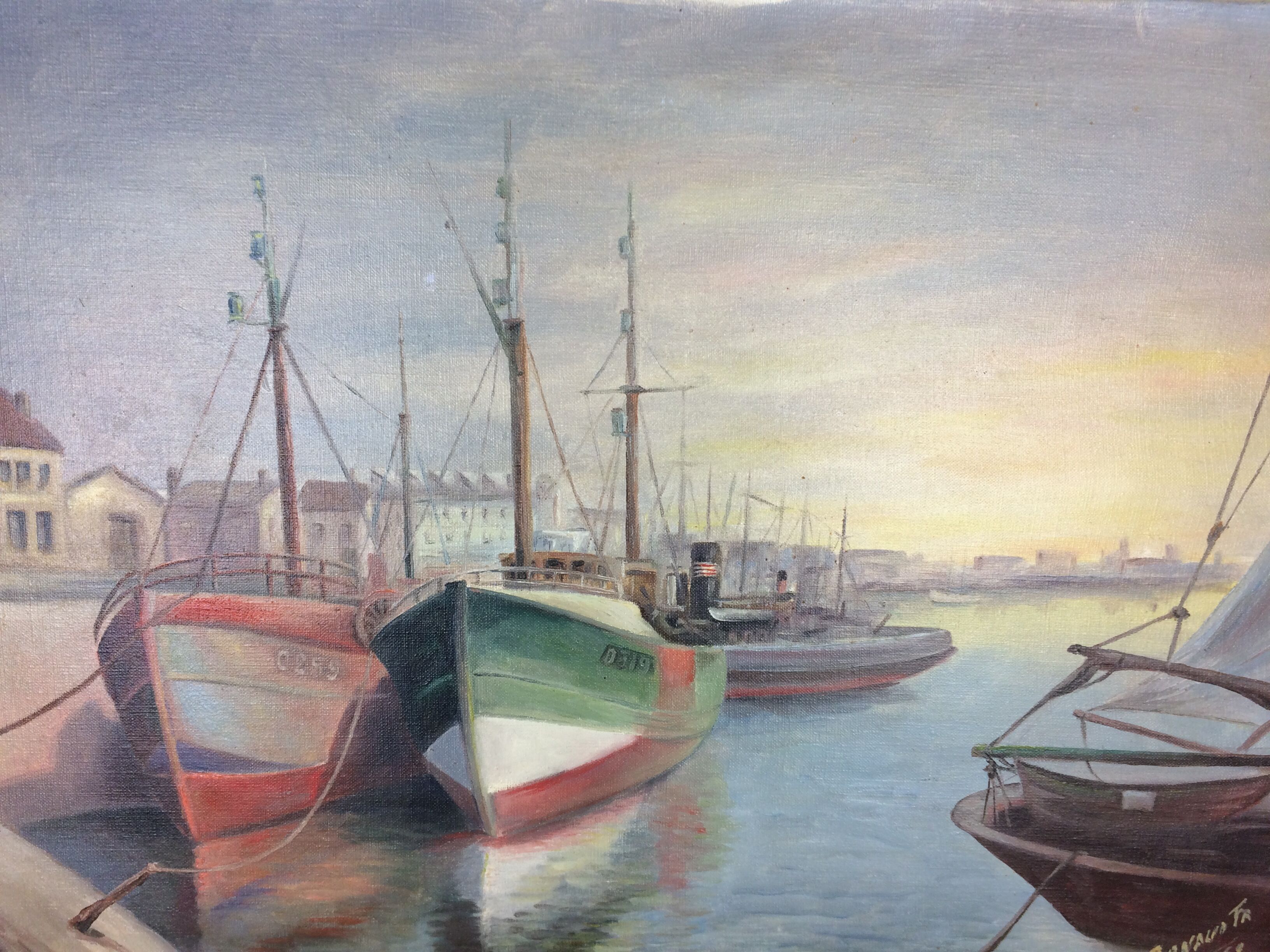 Marine painting, fishing port, oil on canvas