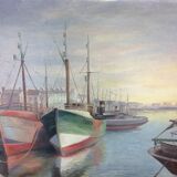Tableau marine, port de pêche, huile sur toile