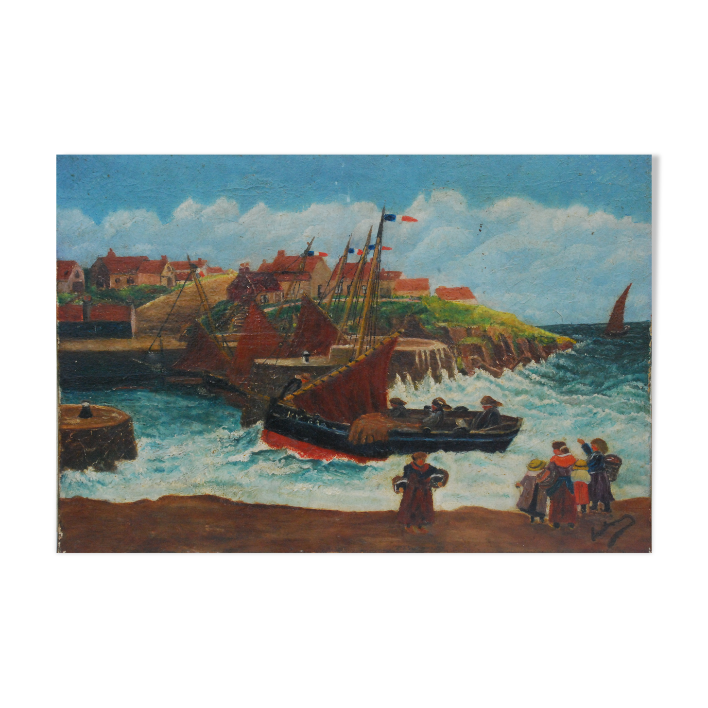 Old painting seaside view boats and fishermen