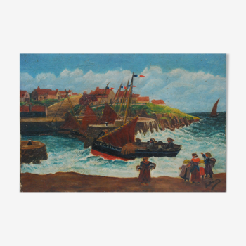 Tableau ancien vue de bord de mer bateaux et pêcheurs