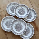 Assiettes à dessert vintage porcelaine motif bouquet champêtre marron