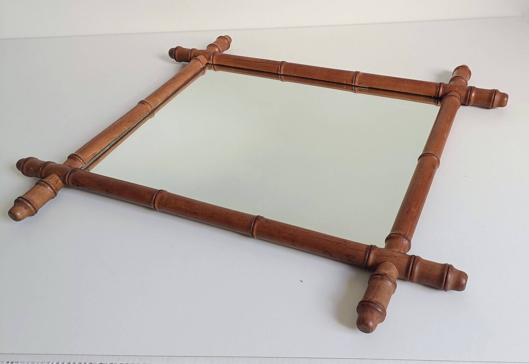 Art Nouveau Faux Bamboo Mirror, 65cm / 25.8", Handmade, Wood, C. 1900