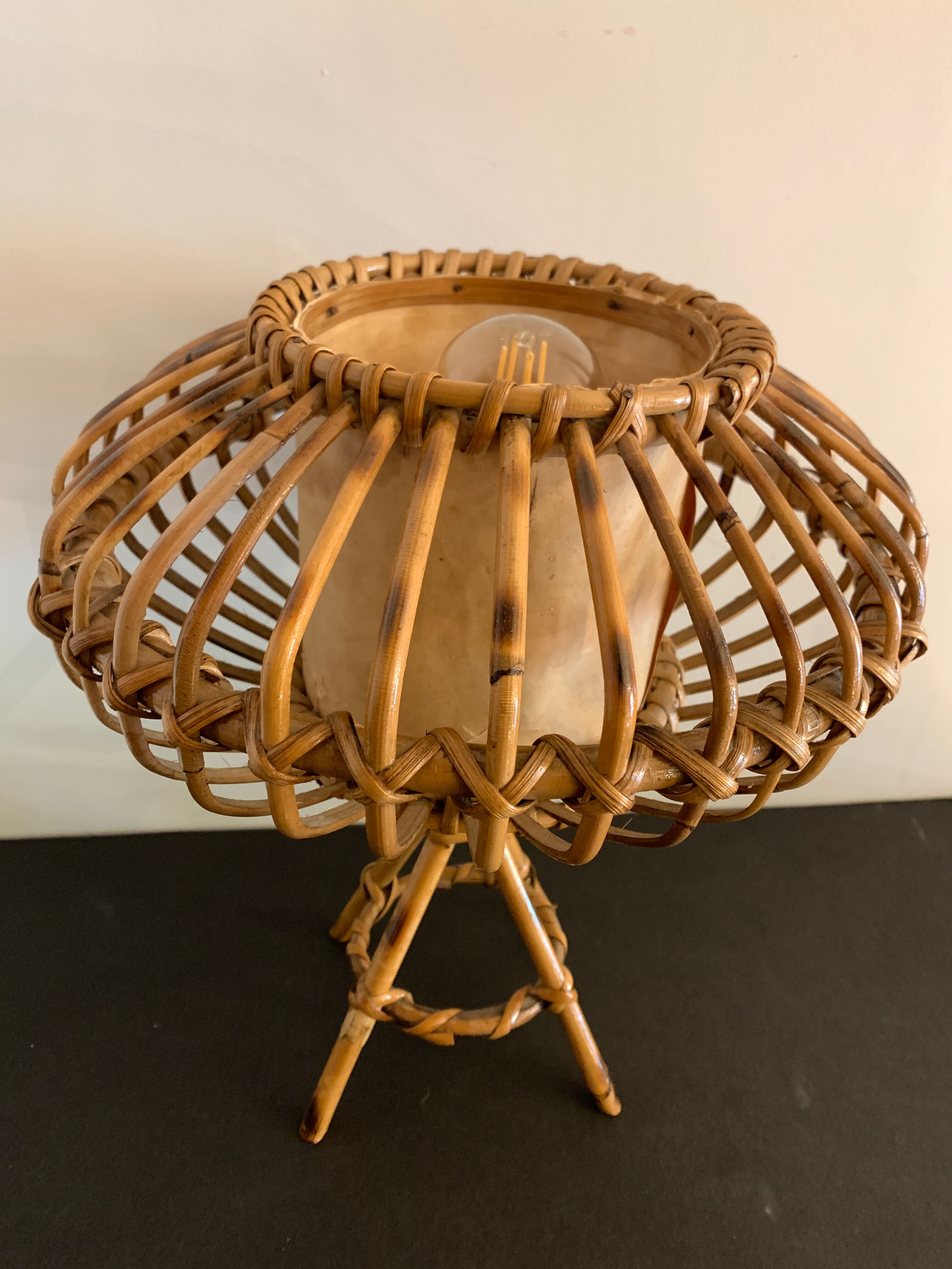 Rattan lamp in the shape of an ellipse Louis Sognot 1950