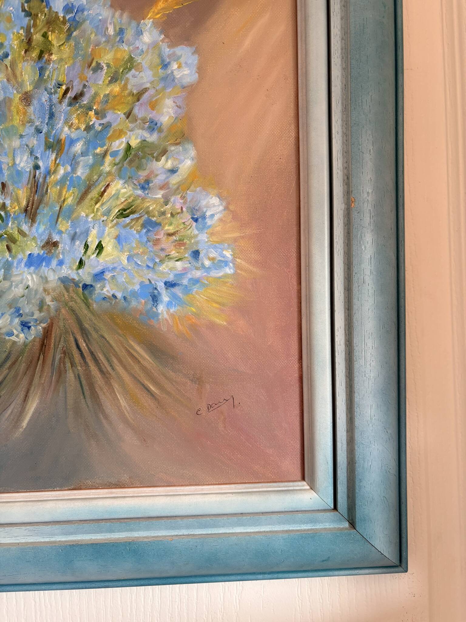 oil painting canvas still life flower bouquet blue violet Lyla