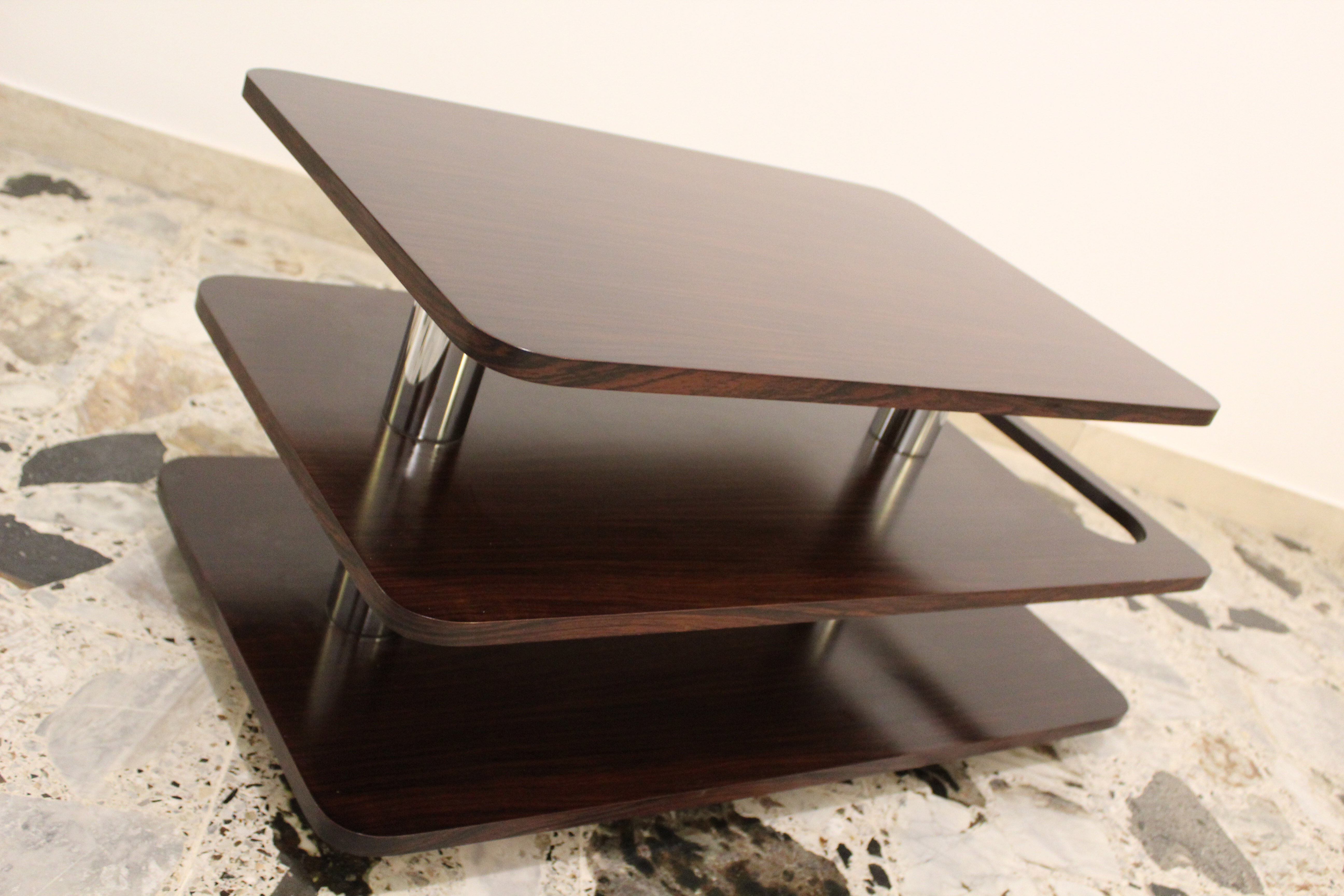 Coffee Table-Bar low laminate rosewood and chromed metal, Italy 70's