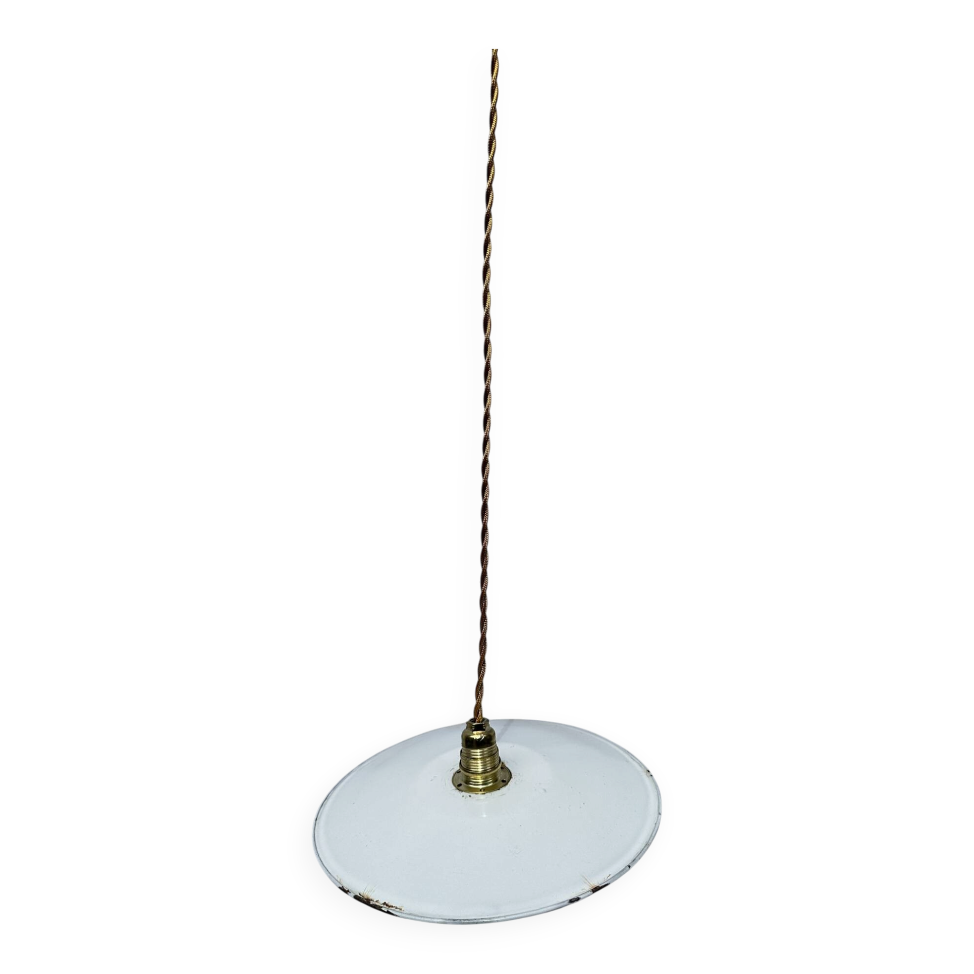 Vintage white enamel suspension light in industrial farmhouse style.