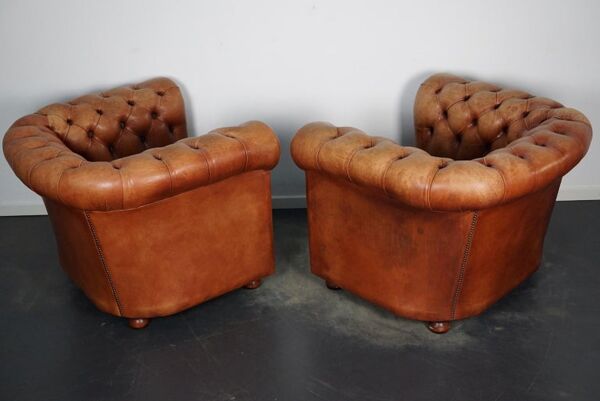 Set De 2 fauteuils club Chesterfield Vintage En cuir Cognac, Pays-Bas,