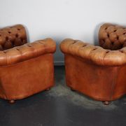Set of 2 vintage chesterfield club armchairs in cognac leather, Netherlands,