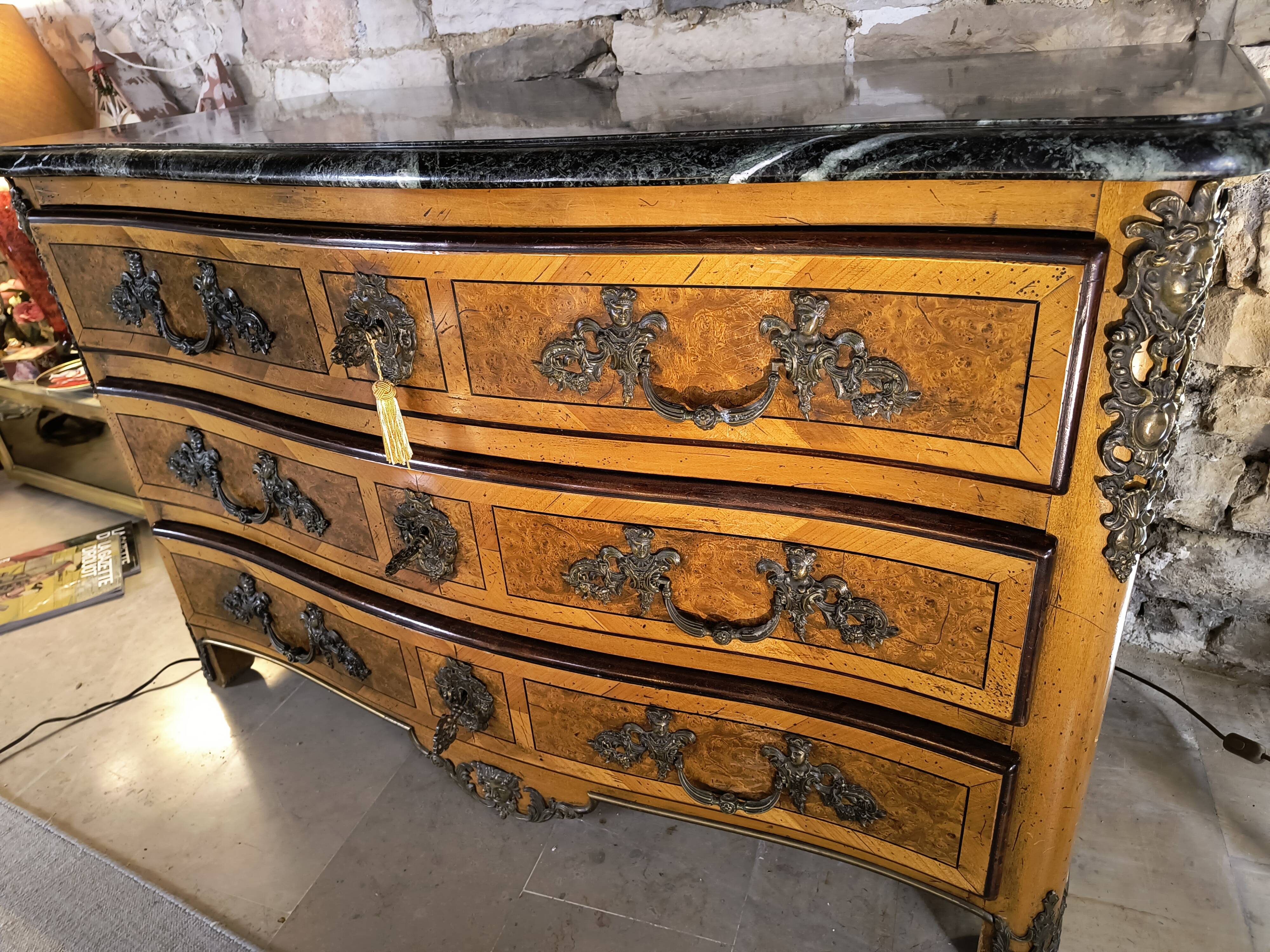 "Louis XIV" style commode with green Alpine marble and walnut burl.