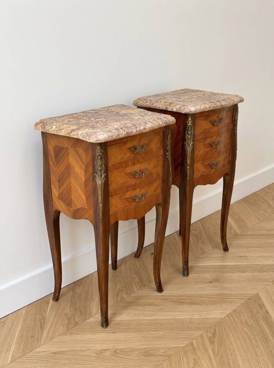Pair of Louis XV style bedside tables in marquetry and marble.