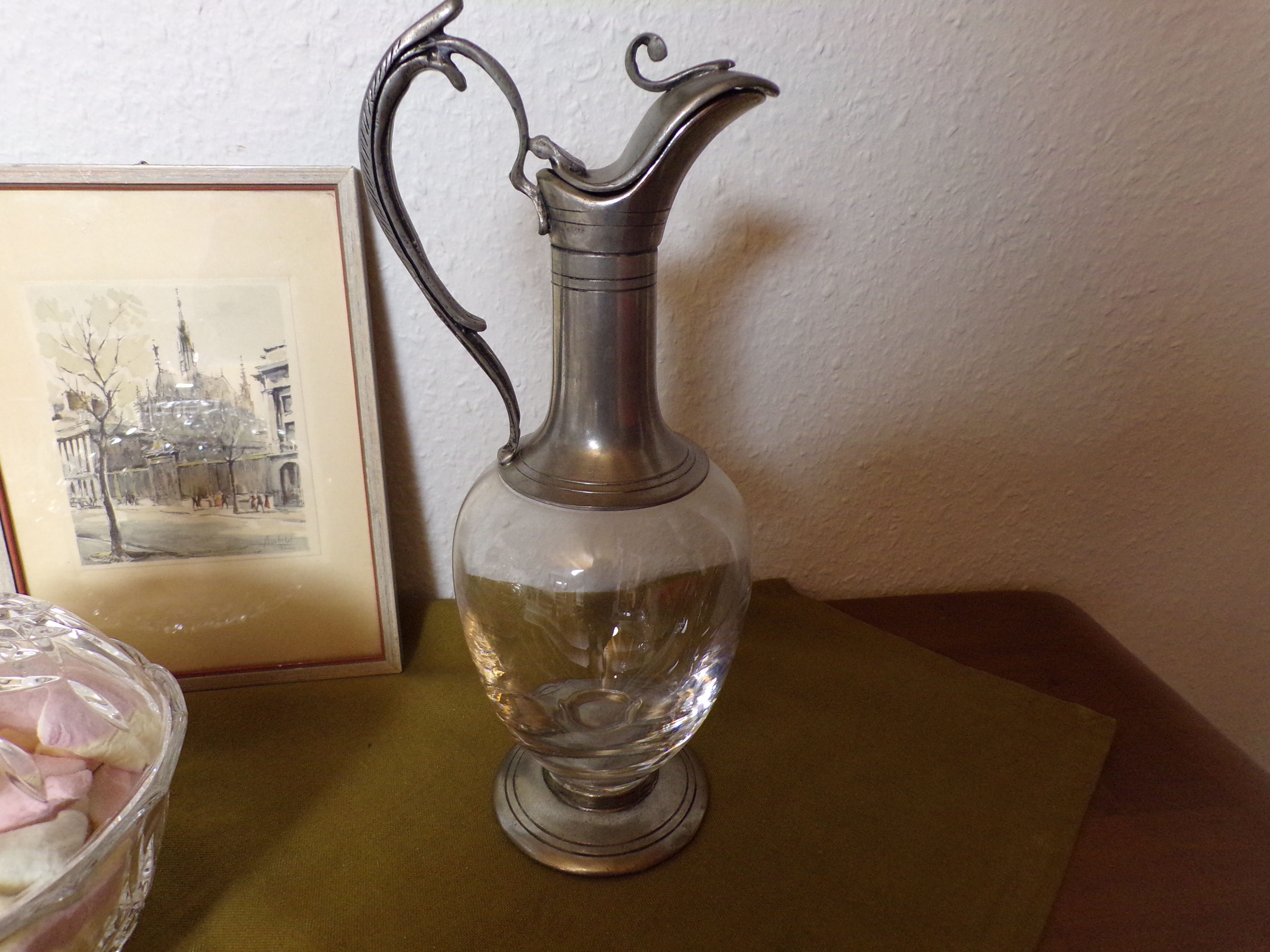 Tin ewer and vintage molded glass