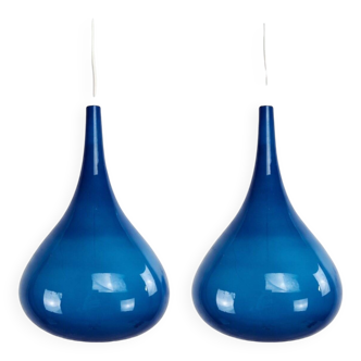 Set of blue glass Danish pendant lamps