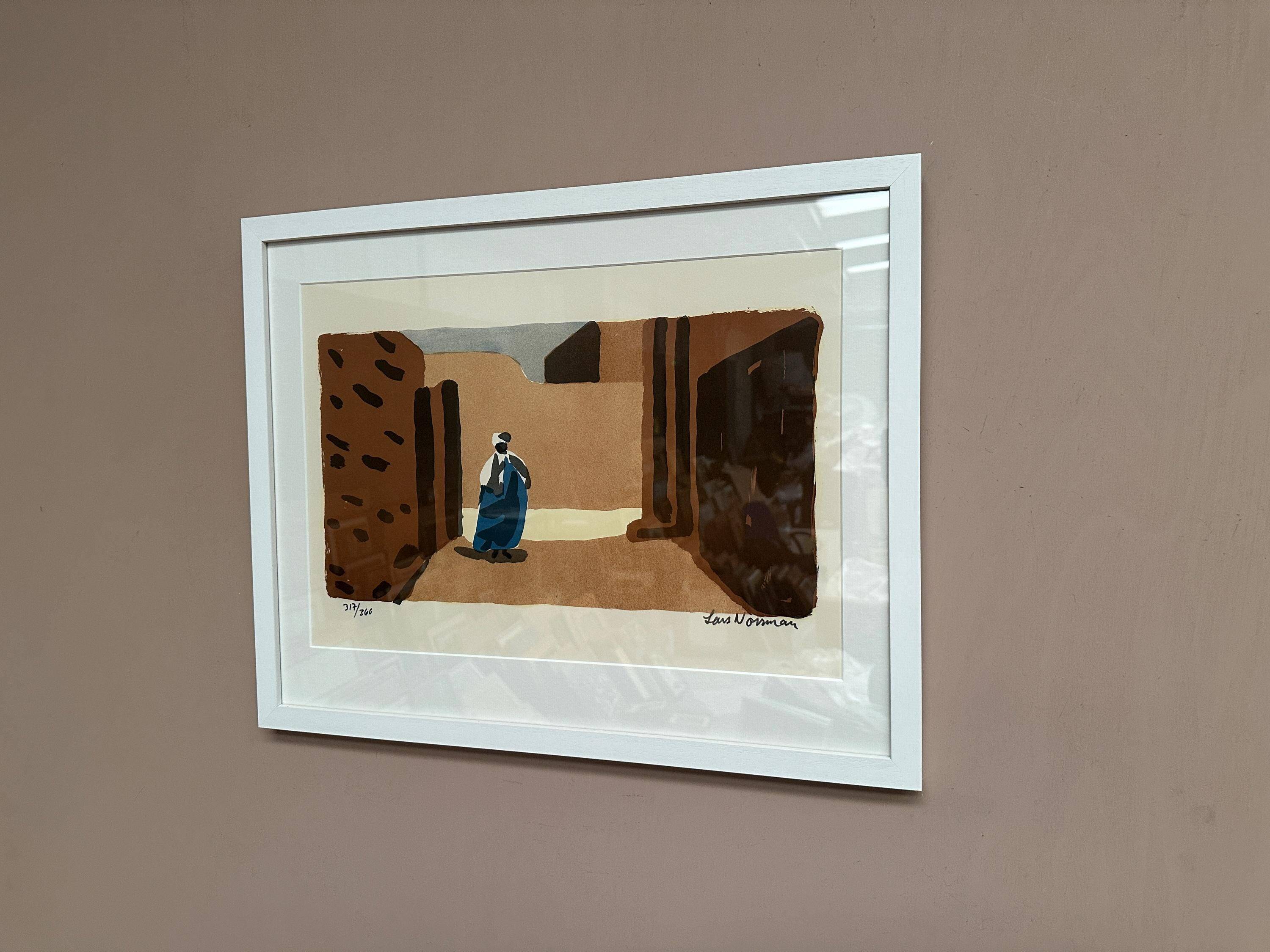 Original Swedish Color Lithograph – “Figure in a Sunlit Desert” by Lars Norrman
