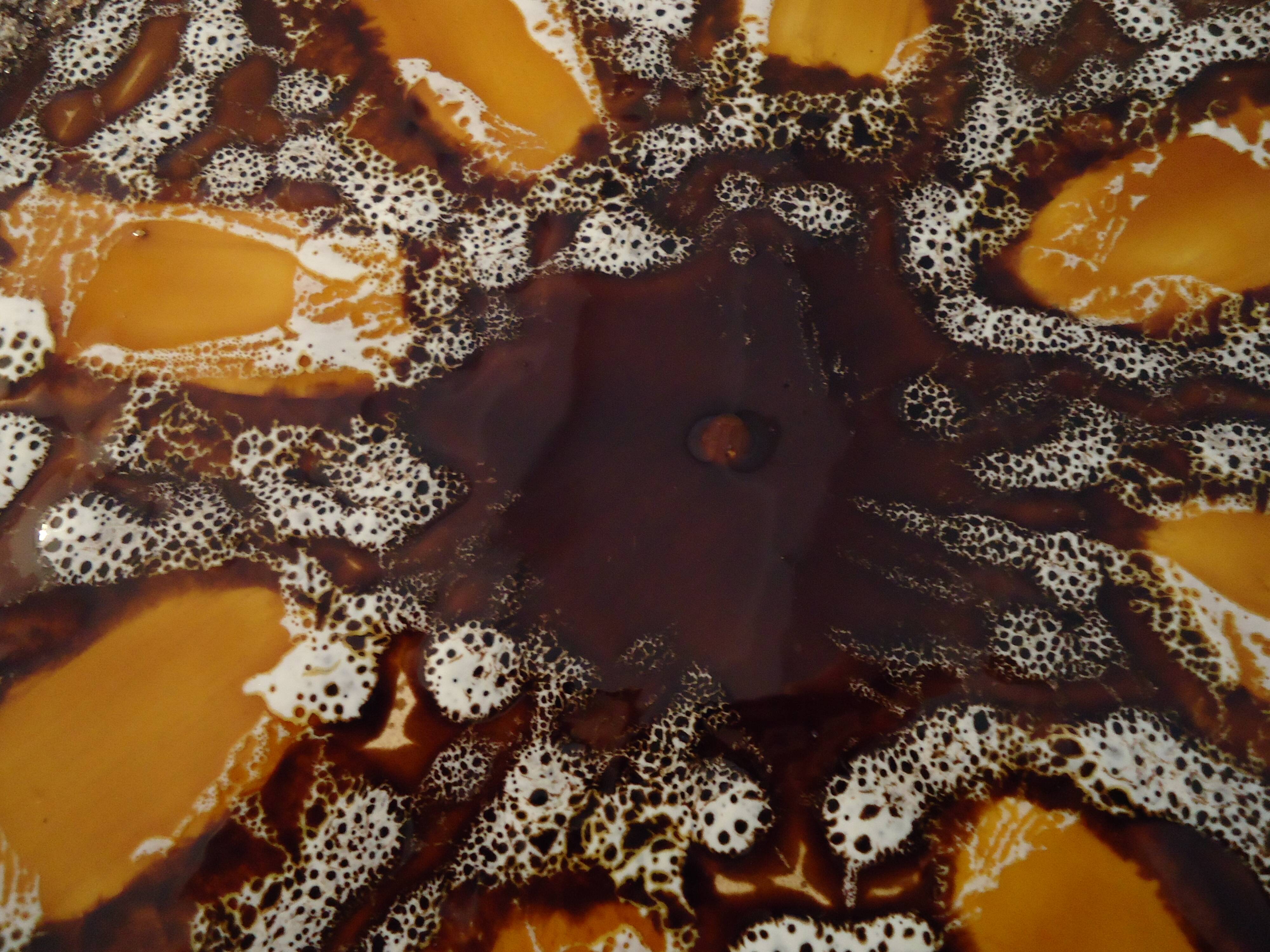 Round plate Vallauris glazed ceramic in brown and orange and Fat Lava A036