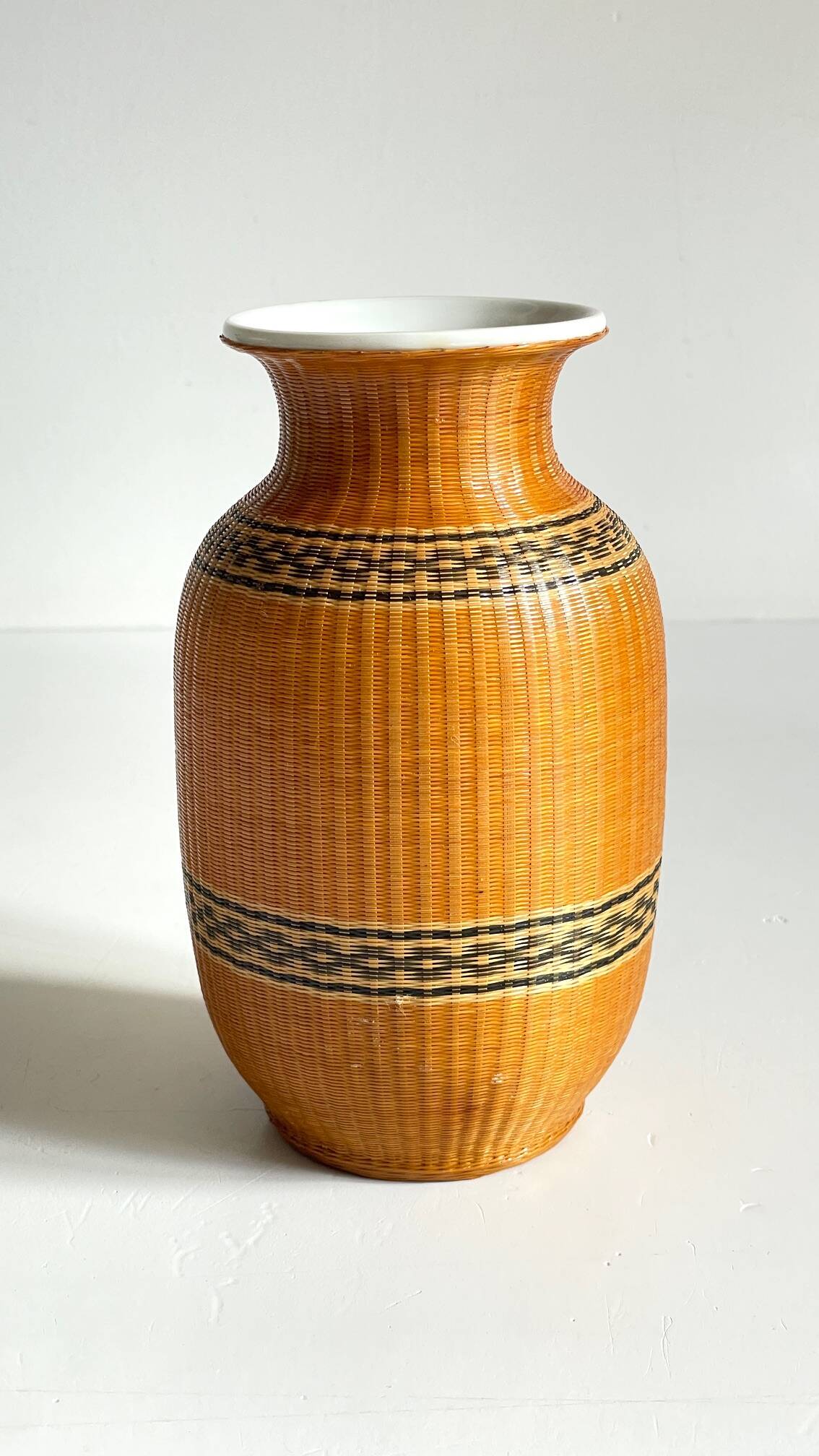 VINTAGE Woven Bamboo and Fine Porcelain VASE