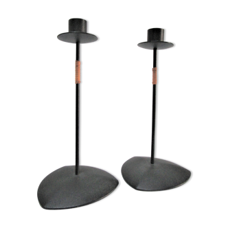Pair of Laurids Lonborg rattan candlesticks and vintage black lacquered metal