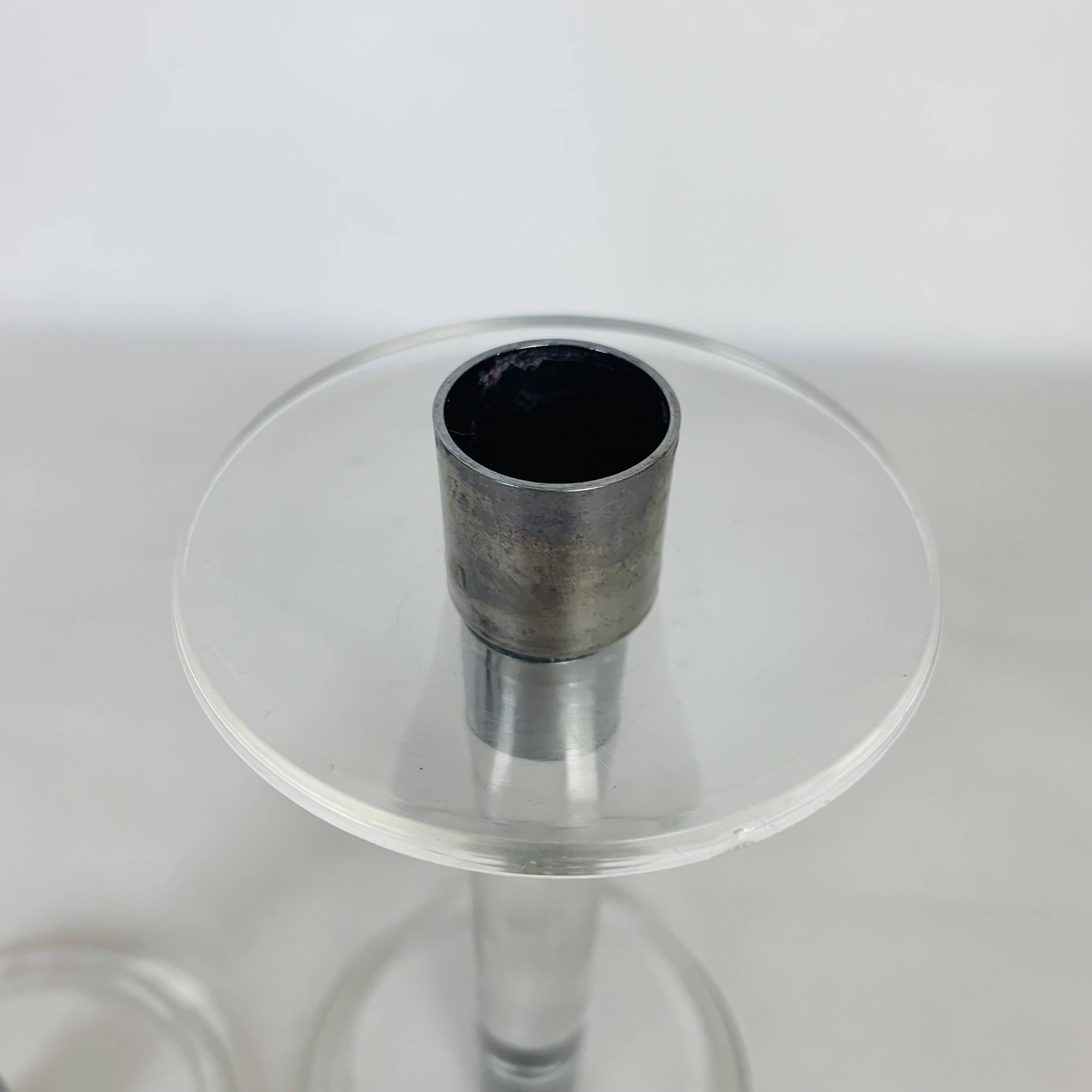 Pair of vintage plexiglass and chrome metal candlesticks