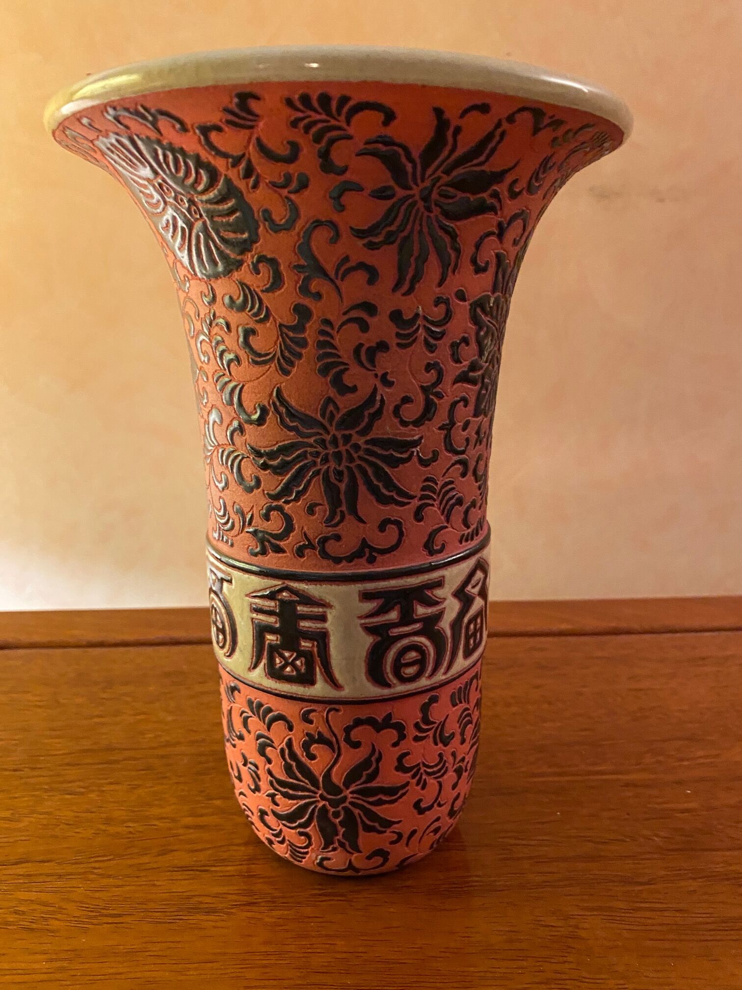 Ceramic vase, red cloisonné