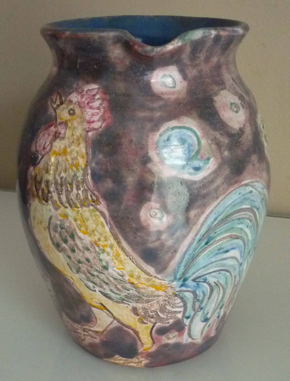 Rooster pitcher vase, glazed ceramic signed Jeanne Azambourg, Le Clos De Joye, 1960s