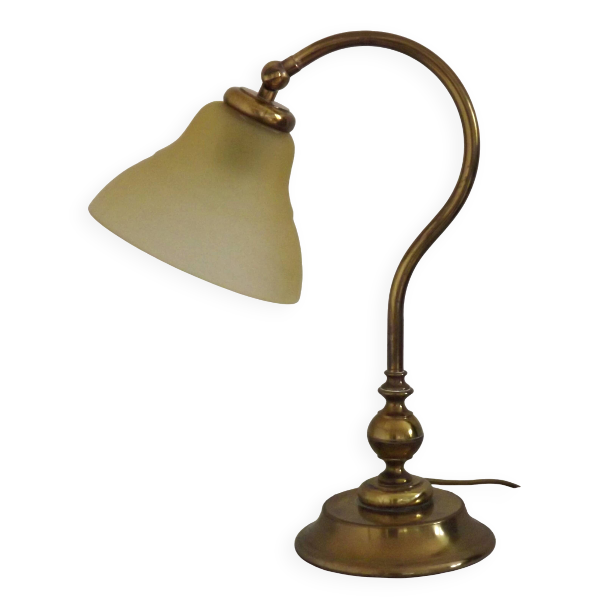 French Vintage Brass Goose Neck Table Lamp Patterned Glass Shade 5353
