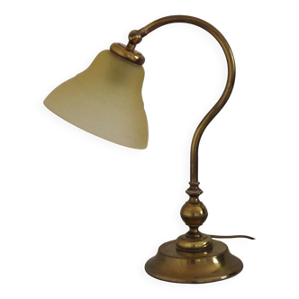 French Vintage Brass Goose Neck Table Lamp Patterned Glass Shade 5353