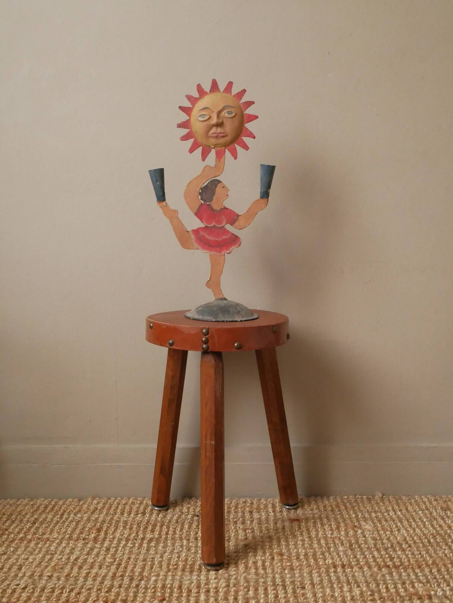 Vintage candelabra candle holder in hand-painted metal Netherlands 70s sun dancer