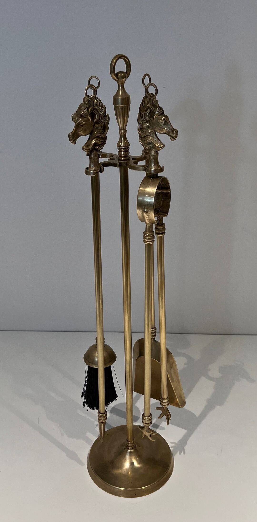 Neoclassical Brass Fire Tool Set with Horse Head Handles, in the