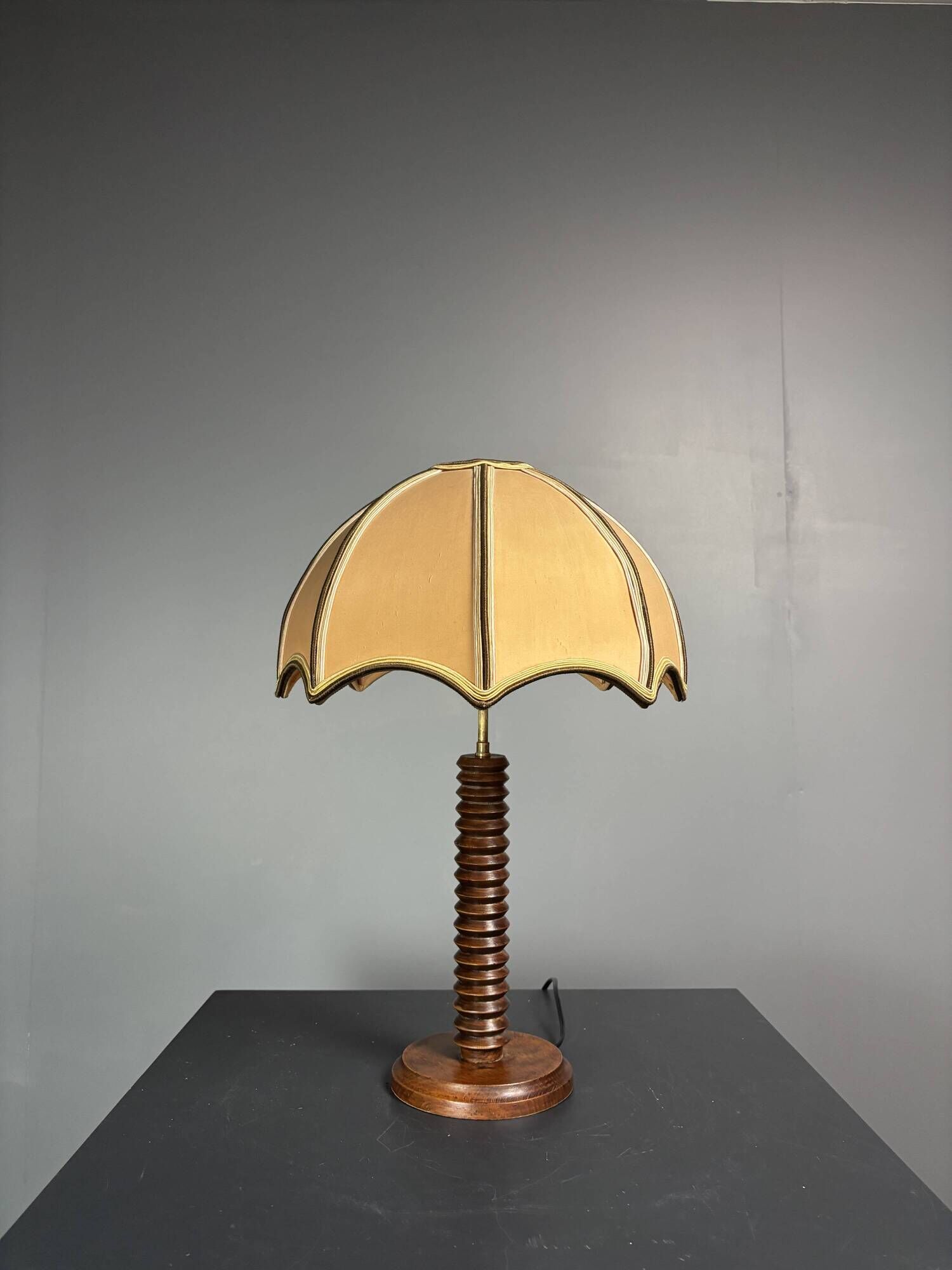 Midcentury brutalist wood turned mushroom table lamp, Charles Dudouyt style