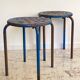 Tabouret industriel acier patine bleue & chocolat vintage